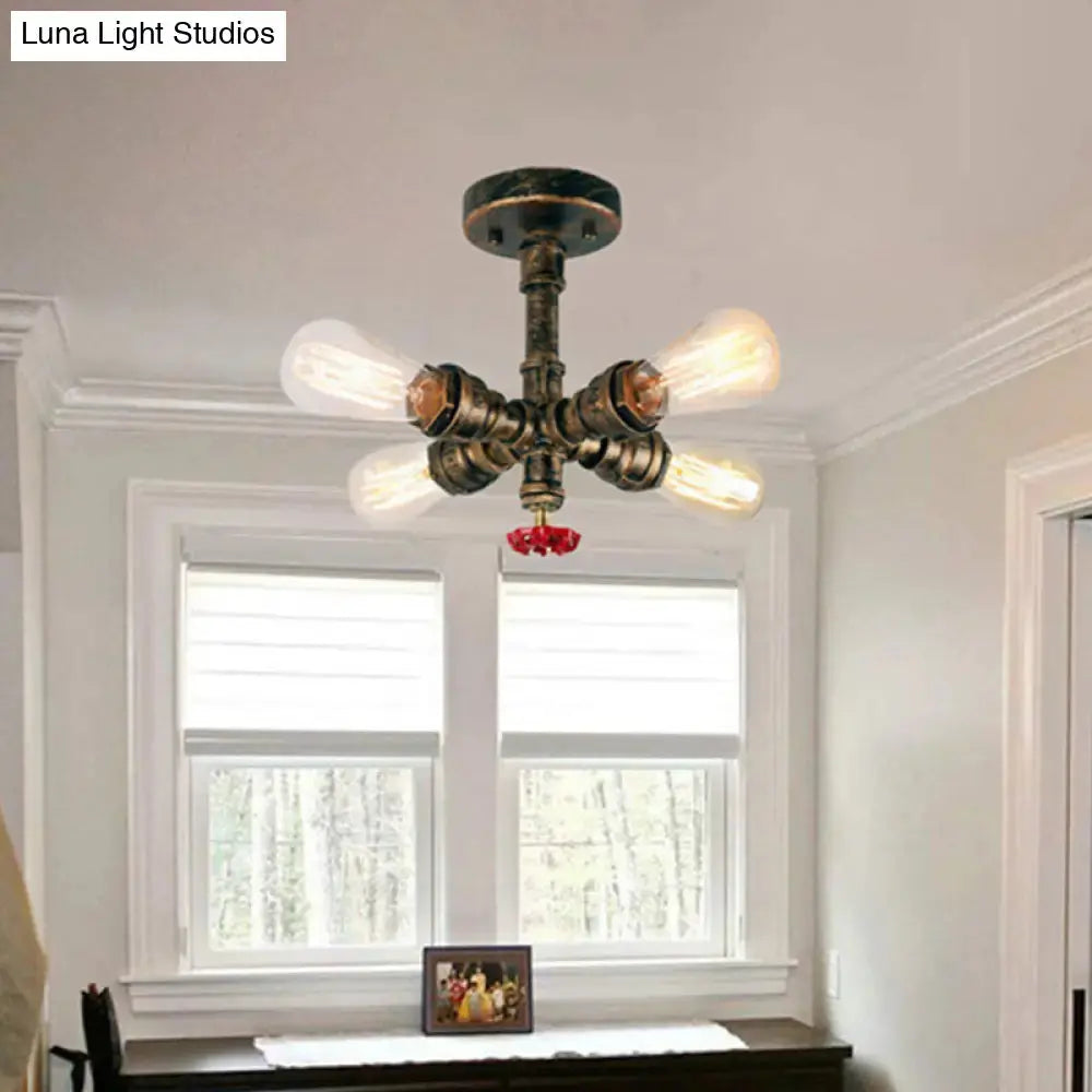 Iron Industrial-Style 4-Light Bronze Semi Flush Mount With Burst Pipe Foyer Ceiling Design