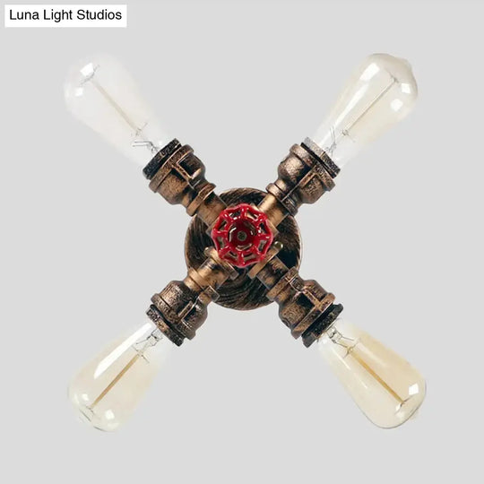 Iron Industrial-Style 4-Light Bronze Semi Flush Mount With Burst Pipe Foyer Ceiling Design