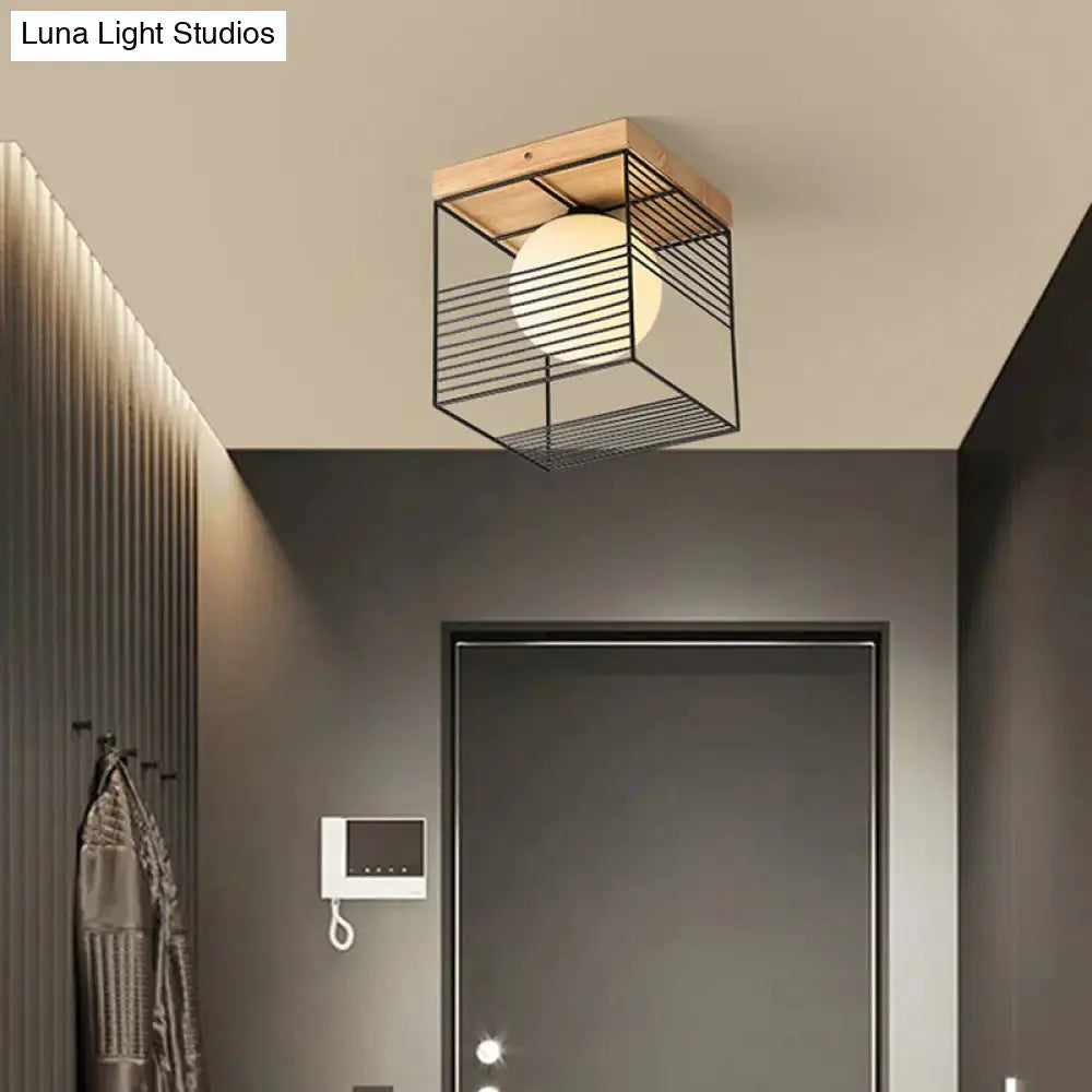 Modern Geometric Wooden Led Bedroom Flush Ceiling Light With Beige Acrylic Shade
