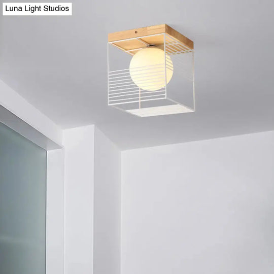 Modern Geometric Wooden Led Bedroom Flush Ceiling Light With Beige Acrylic Shade