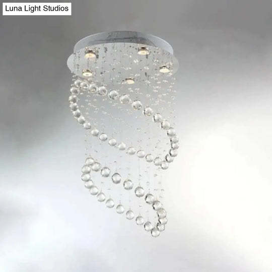 Modern Nickel Circle Flush Mount Lighting With 5 Crystal Sphere Heads - Ideal For Living Room