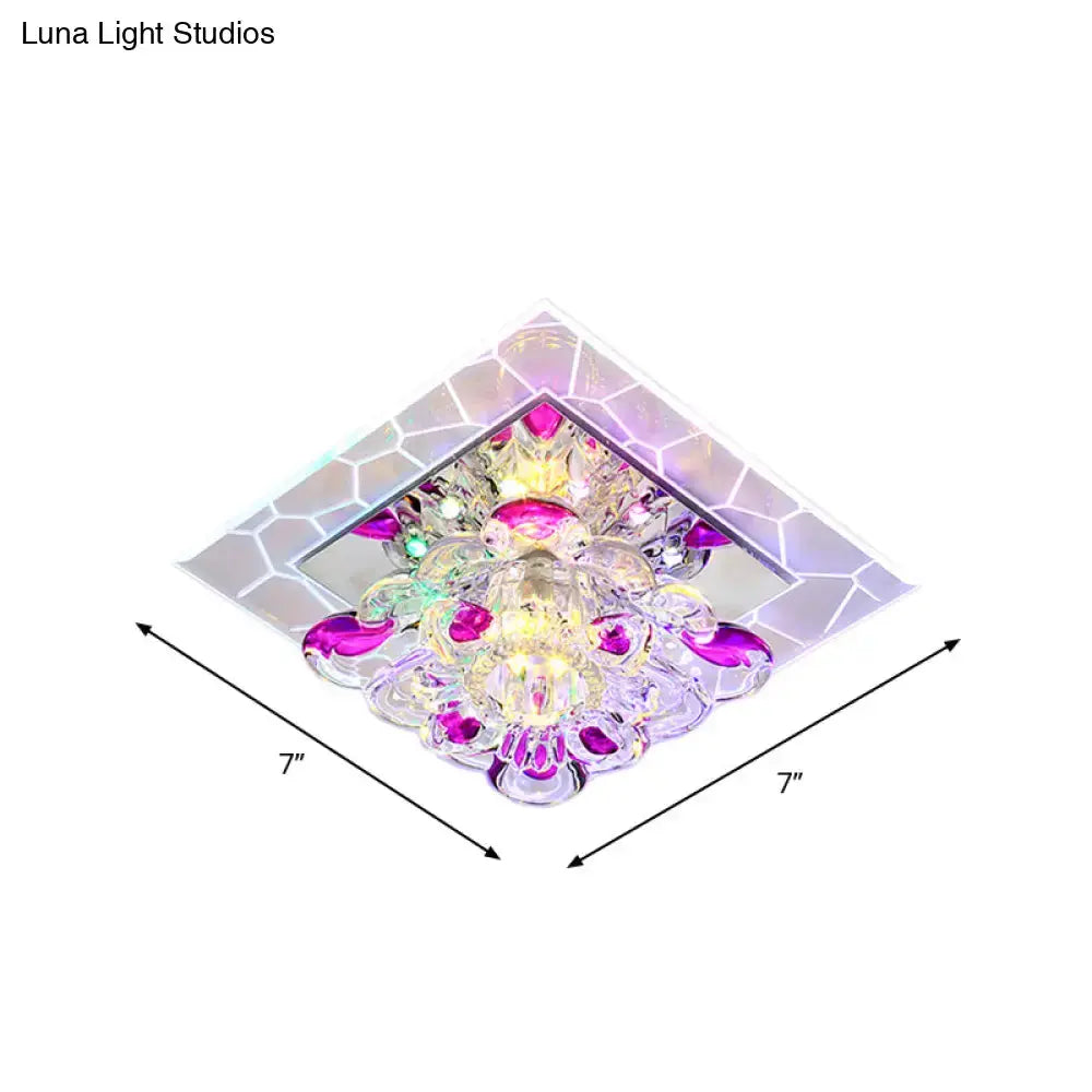 Nordic Crystal Flush Mount Light: Floral Led Purple Ceiling Fixture For Corridor