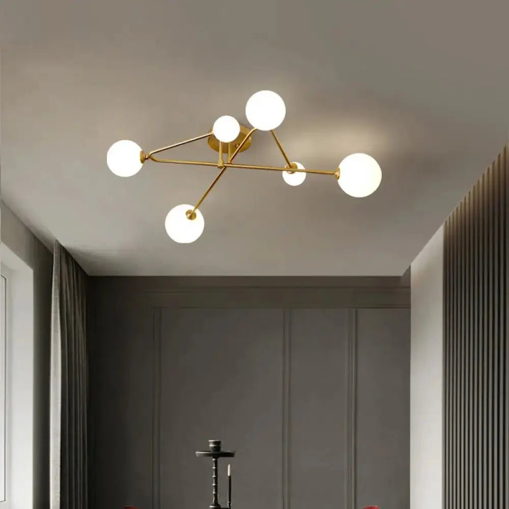 Opaline Glass Semi-Mount Ceiling Lamp In Gold For Living Room 6 /