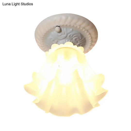 Pastoral Style Floral Flush Ceiling Light - White/Green/Pink Frosted Glass Single Bulb Mounted Lamp