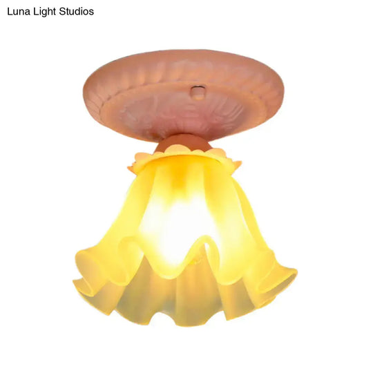 Pastoral Style Floral Flush Ceiling Light - White/Green/Pink Frosted Glass Single Bulb Mounted Lamp