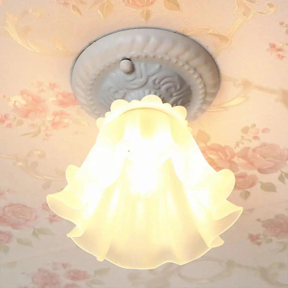 Pastoral Style Floral Flush Ceiling Light - White/Green/Pink Frosted Glass Single Bulb Mounted Lamp