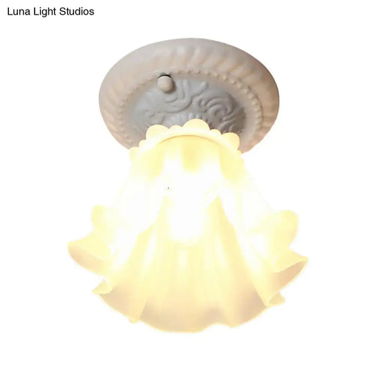 Pastoral Style Floral Flush Ceiling Light - White/Green/Pink Frosted Glass Single Bulb Mounted Lamp