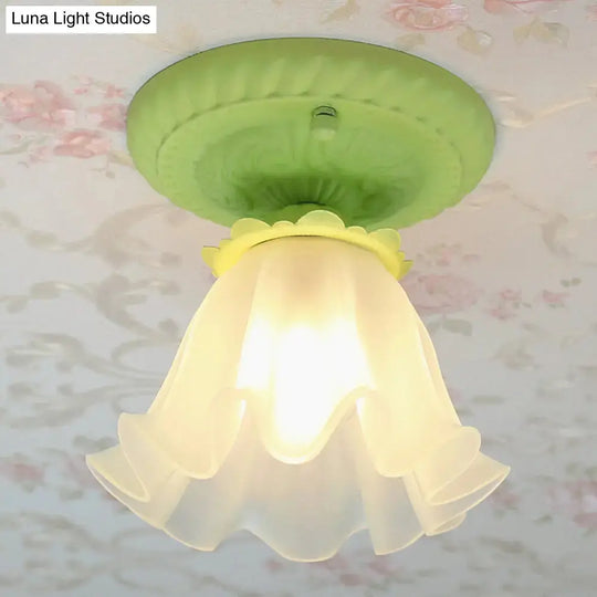 Pastoral Style Floral Flush Ceiling Light - White/Green/Pink Frosted Glass Single Bulb Mounted Lamp