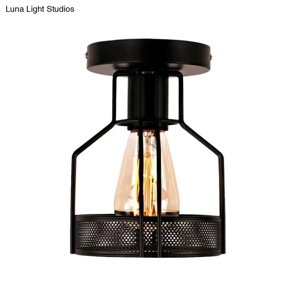 Rustic Iron Bistro Semi Flush Mount Lamp - Black Ceiling Light With Mesh Detail