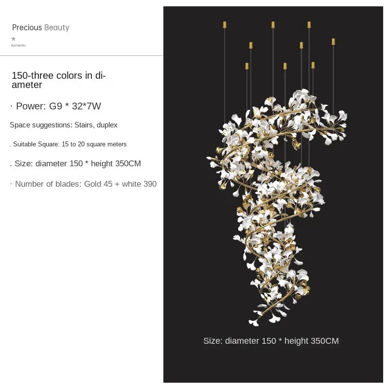 Solayne Ginkgo Leaf Chandelier – Luxury High Ceiling Statement Light D D150 H350cm / acrylic leaves / Warm White