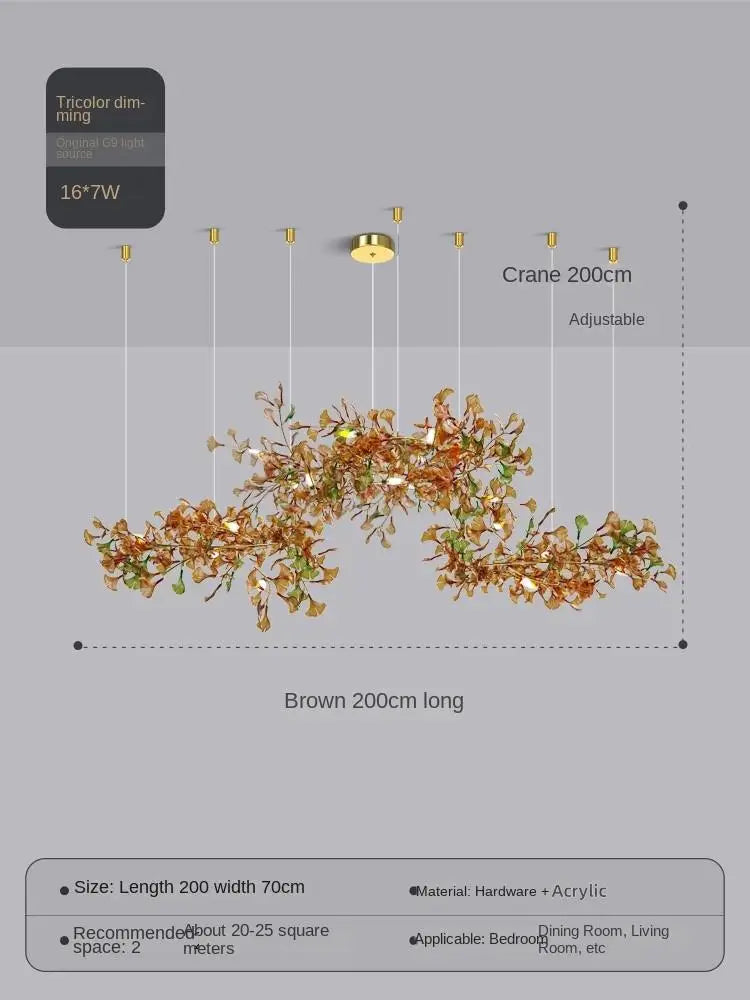 Elysian Ginkgo Glass Pendant Chandelier – Modern Luxury Lighting L200cm Brown Green / Natural light 4000K