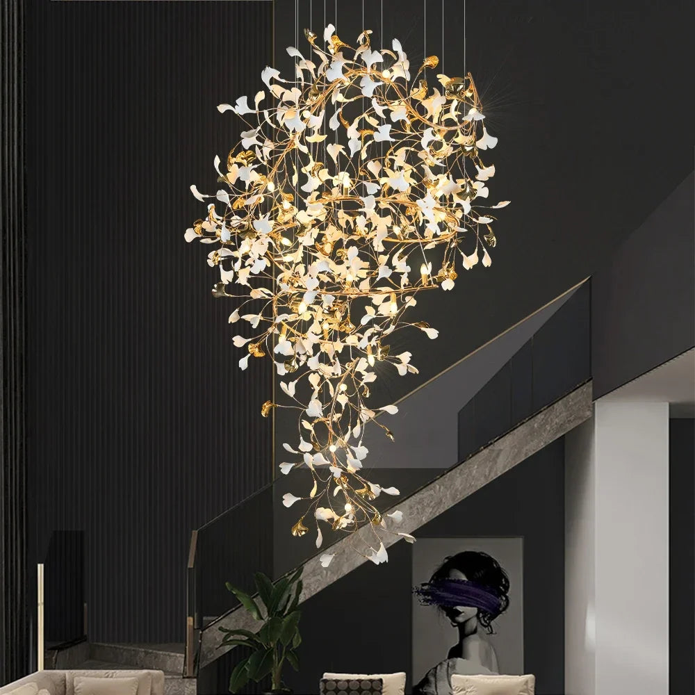 Solayne Ginkgo Leaf Chandelier – Luxury High Ceiling Statement Light