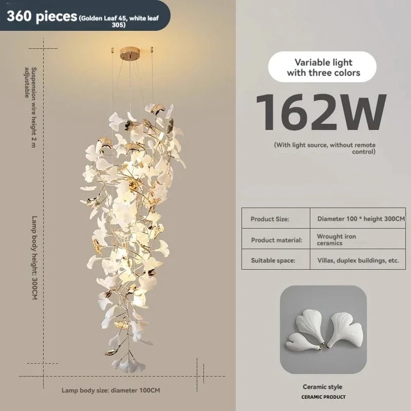 Solayne Ginkgo Leaf Chandelier – Luxury High Ceiling Statement Light B D100 H300cm / acrylic leaves / Warm White