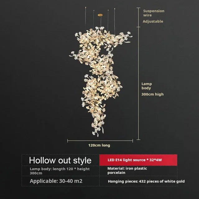 Solayne Ginkgo Leaf Chandelier – Luxury High Ceiling Statement Light E L120 W60 H300 / acrylic leaves / Warm White