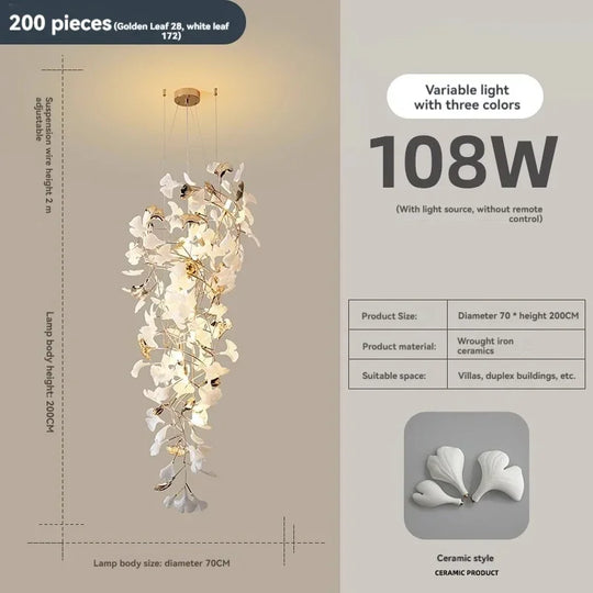 Solayne Ginkgo Leaf Chandelier – Luxury High Ceiling Statement Light B D70 H200cm / acrylic leaves / Warm White