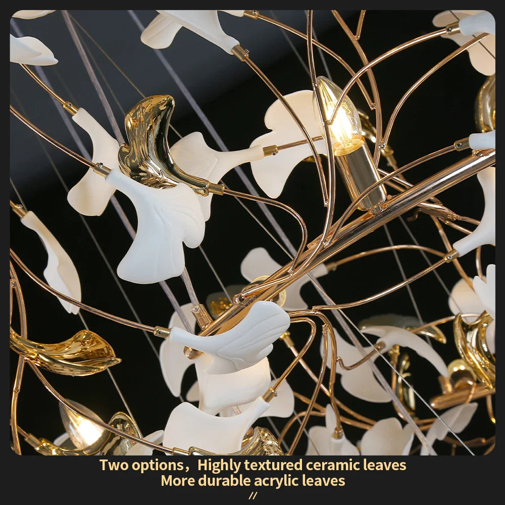 Solayne Ginkgo Leaf Chandelier – Luxury High Ceiling Statement Light