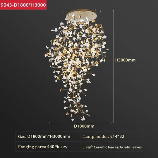 Solayne Ginkgo Leaf Chandelier – Luxury High Ceiling Statement Light A D180 H300cm / acrylic leaves / Warm White