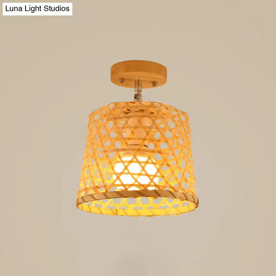 Sleek Asian Bamboo Geometric Semi Flush Mount Ceiling Light With Wood Finish