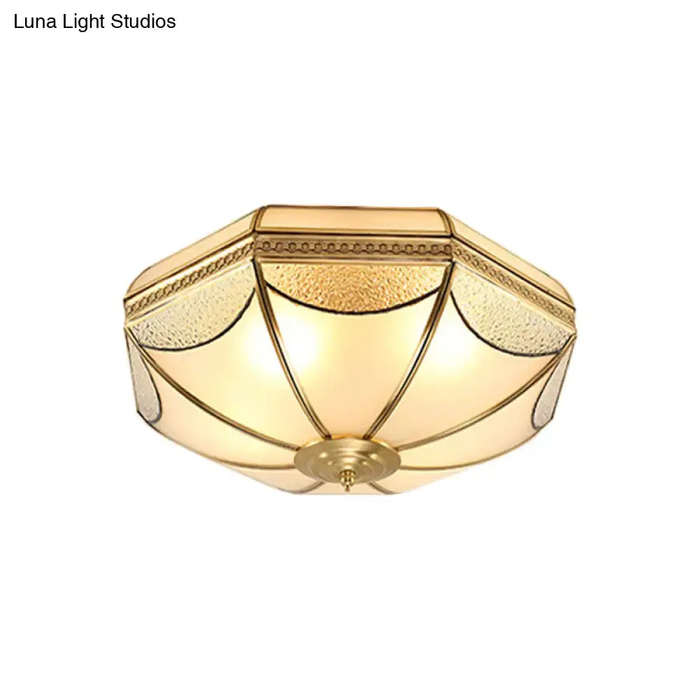 Vintage Scalloped Frosted Glass Flush Mount Light With Brass Finish - 3 Lights For Bedroom Ceiling