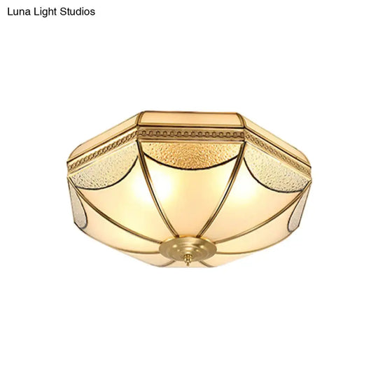 Vintage Scalloped Frosted Glass Flush Mount Light With Brass Finish - 3 Lights For Bedroom Ceiling