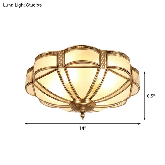 Vintage Scalloped Frosted Glass Flush Mount Light With Brass Finish - 3 Lights For Bedroom Ceiling