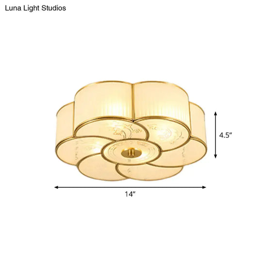 Vintage Scalloped Frosted Glass Flush Mount Light With Brass Finish - 3 Lights For Bedroom Ceiling