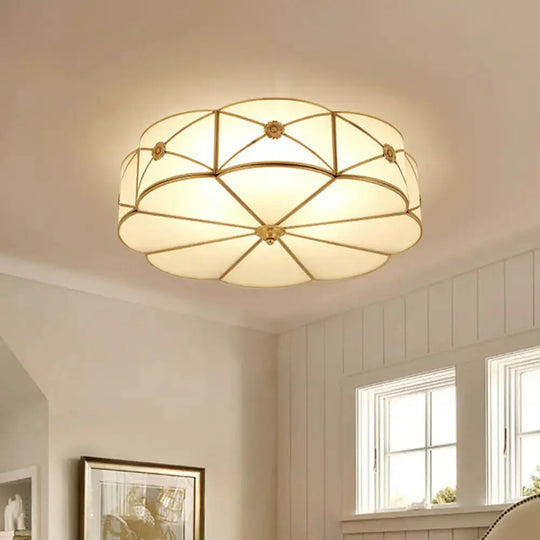 Vintage Scalloped Frosted Glass Flush Mount Light With Brass Finish - 3 Lights For Bedroom Ceiling