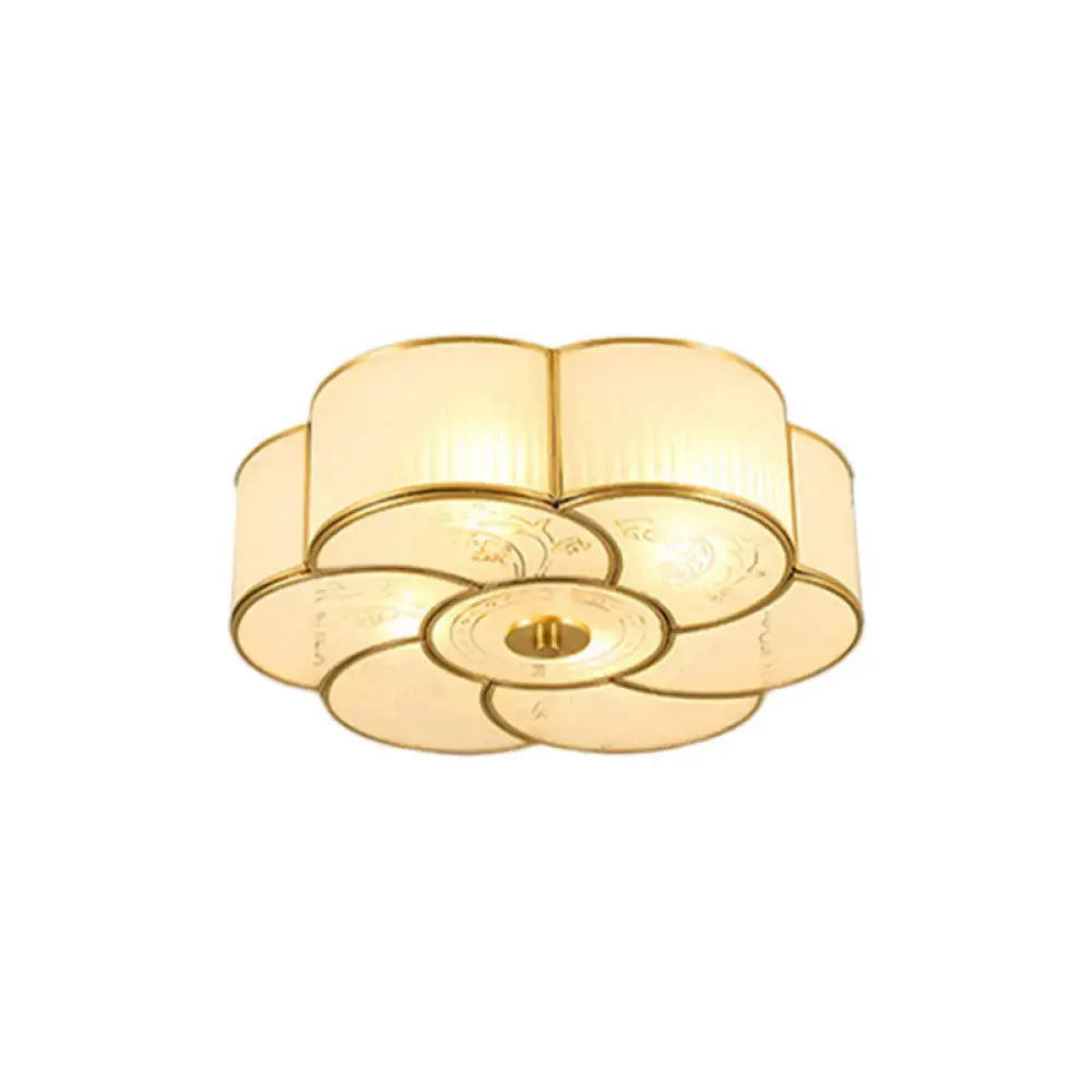 Vintage Scalloped Frosted Glass Flush Mount Light With Brass Finish - 3 Lights For Bedroom Ceiling