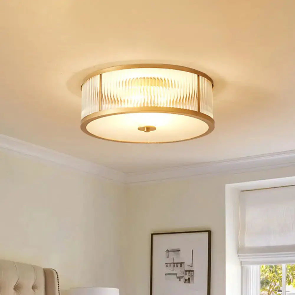 Vintage Scalloped Frosted Glass Flush Mount Light With Brass Finish - 3 Lights For Bedroom Ceiling