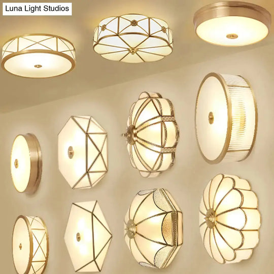 Vintage Scalloped Frosted Glass Flush Mount Light With Brass Finish - 3 Lights For Bedroom Ceiling