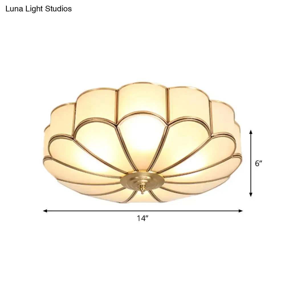 Vintage Scalloped Frosted Glass Flush Mount Light With Brass Finish - 3 Lights For Bedroom Ceiling