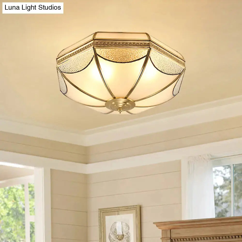 Vintage Scalloped Frosted Glass Flush Mount Light With Brass Finish - 3 Lights For Bedroom Ceiling