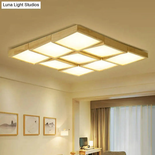 Nordic Wooden Checker Ceiling Light - Flush Mount Lamp (1/6/9-Light) In Beige For Living Room