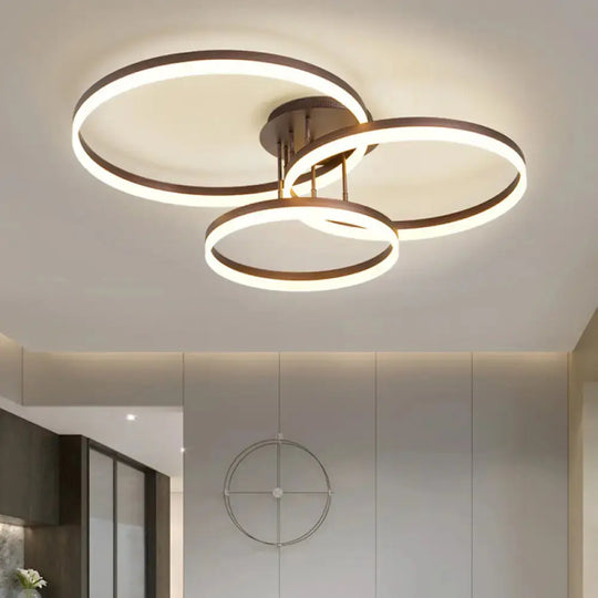 Sleek Spiral Design Coffee Hoop Ceiling Light - 3-Light Acrylic Led Semi Flush Mount Lamp In
