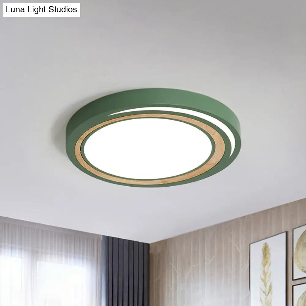 Acrylic Led Drum Ceiling Light For Kids Bedroom With Wood Ring - White/Pink/Green Flush Mount