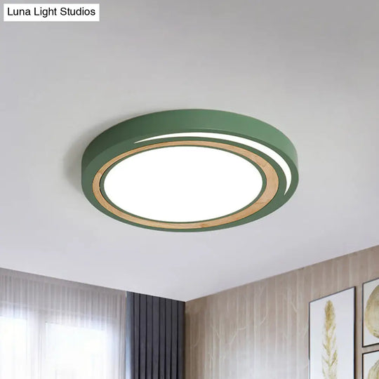 Acrylic Led Drum Ceiling Light For Kids Bedroom With Wood Ring - White/Pink/Green Flush Mount