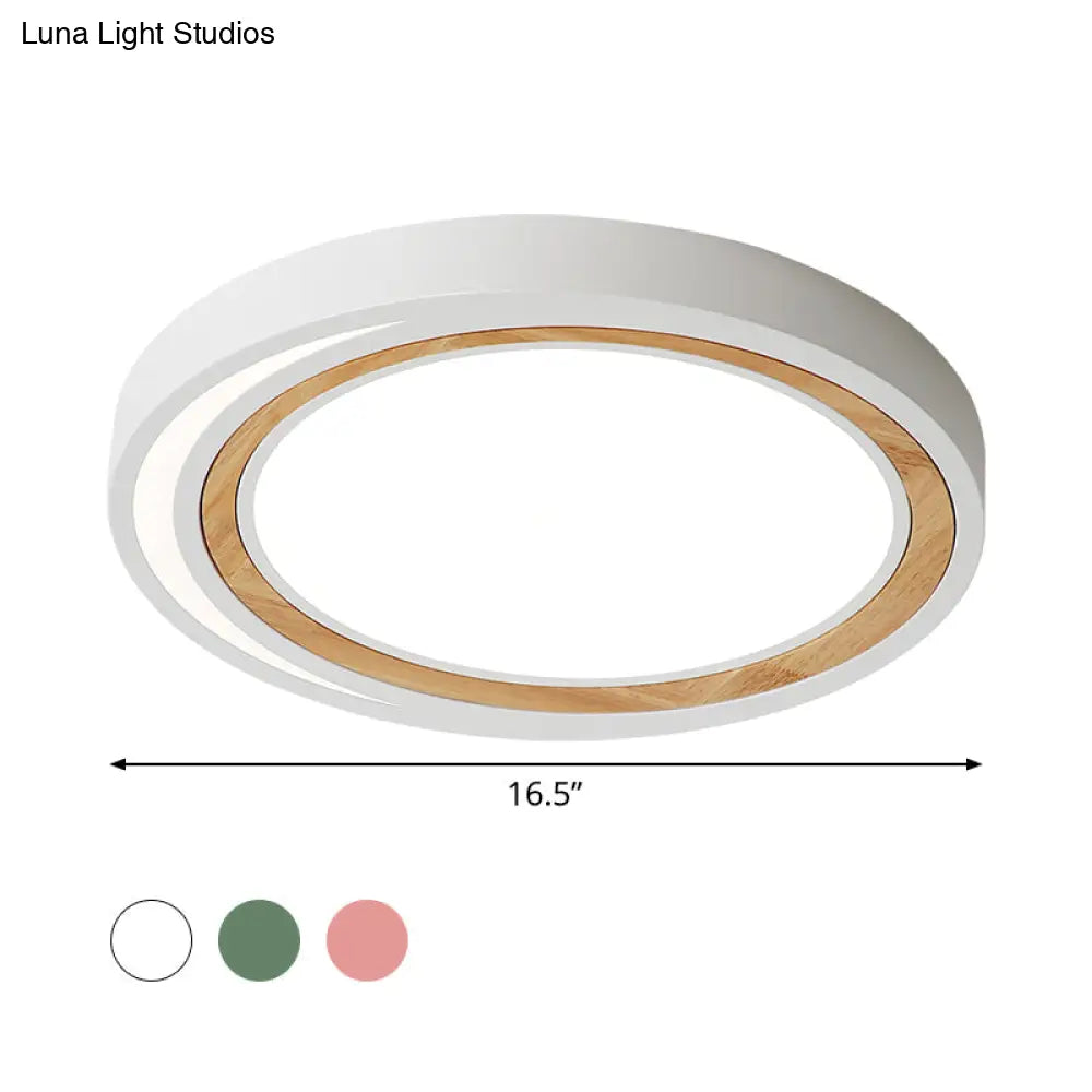 Acrylic Led Drum Ceiling Light For Kids’ Bedroom With Wood Ring - White/Pink/Green Flush Mount