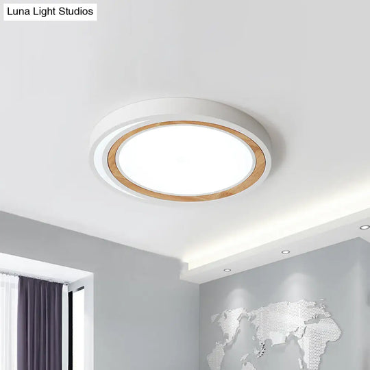 Acrylic Led Drum Ceiling Light For Kids Bedroom With Wood Ring - White/Pink/Green Flush Mount
