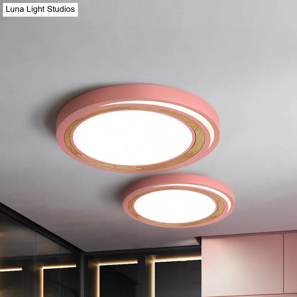 Acrylic Led Drum Ceiling Light For Kids’ Bedroom With Wood Ring - White/Pink/Green Flush Mount