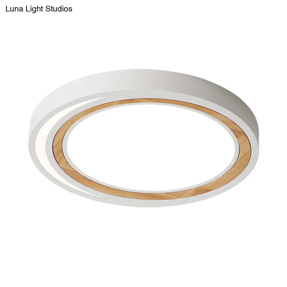 Acrylic Led Drum Ceiling Light For Kids Bedroom With Wood Ring - White/Pink/Green Flush Mount