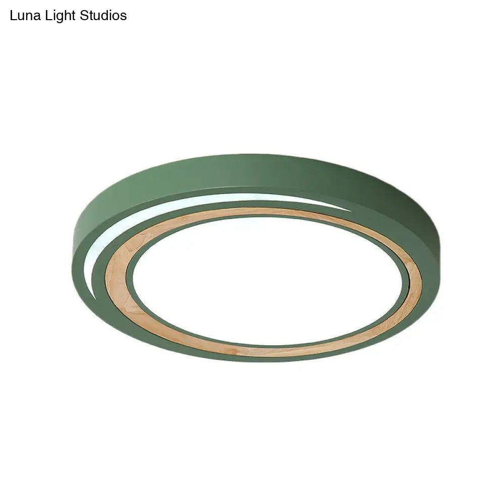 Acrylic Led Drum Ceiling Light For Kids Bedroom With Wood Ring - White/Pink/Green Flush Mount