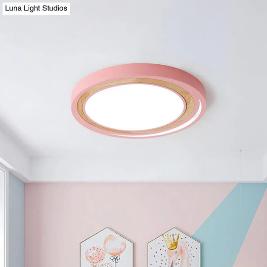 Acrylic Led Drum Ceiling Light For Kids Bedroom With Wood Ring - White/Pink/Green Flush Mount