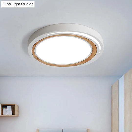 Acrylic Led Drum Ceiling Light For Kids Bedroom With Wood Ring - White/Pink/Green Flush Mount