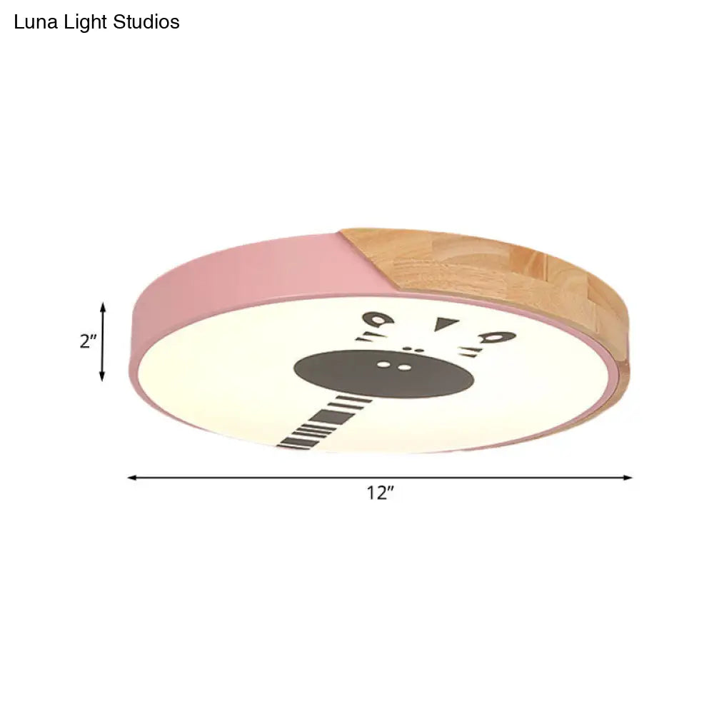 Acrylic Led Flushmount Lighting - Macaroon Ring With Giraffe Pattern Pink/Yellow/Blue 12/16 Width