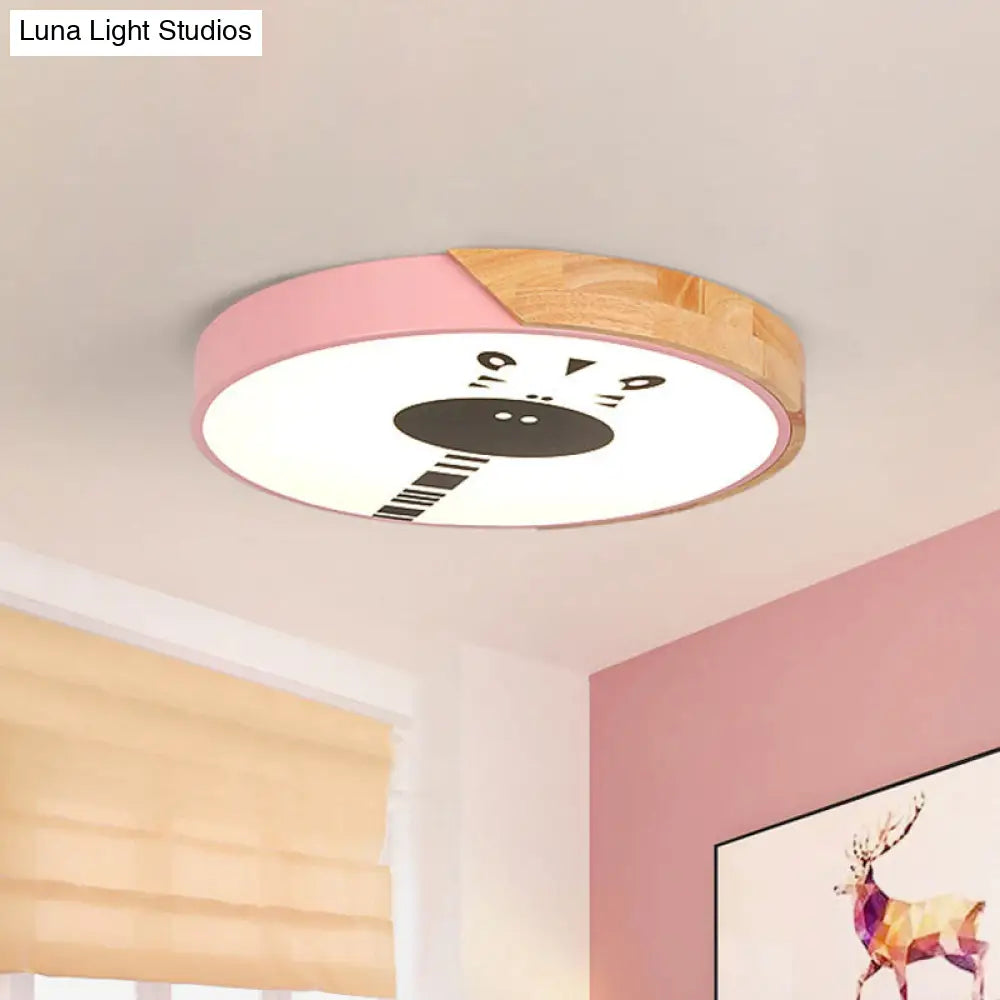 Acrylic Led Flushmount Lighting - Macaroon Ring With Giraffe Pattern Pink/Yellow/Blue 12/16 Width