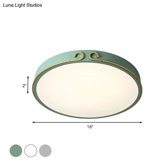 Acrylic Led Round Flushmount Macaron Fixture In White/Grey/Green - Headband Deco
