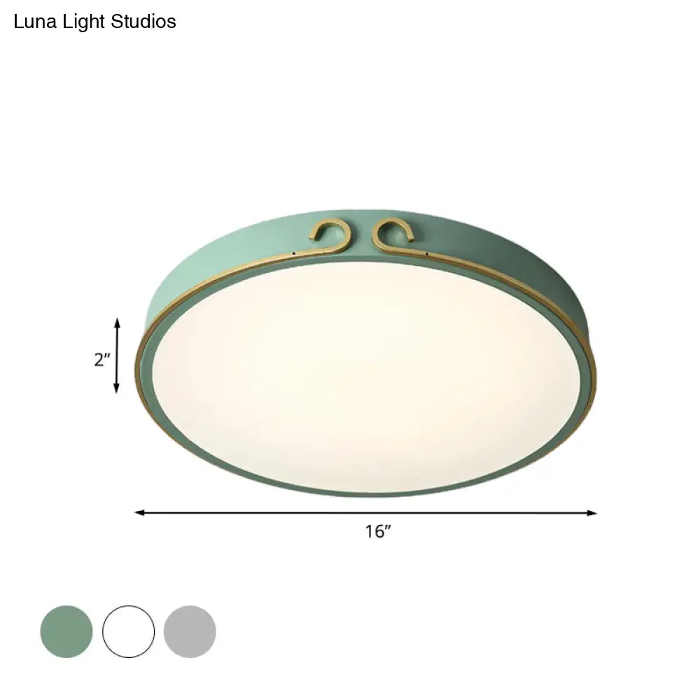 Acrylic Led Round Flushmount Macaron Fixture In White/Grey/Green - Headband Deco