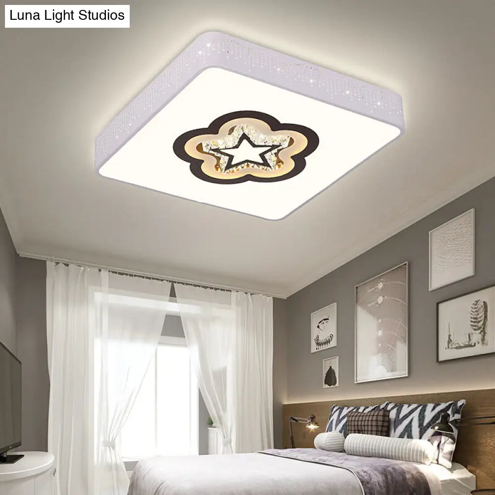 Acrylic Led Square Ceiling Light With Crystal Patterns For Bedroom White / Flower