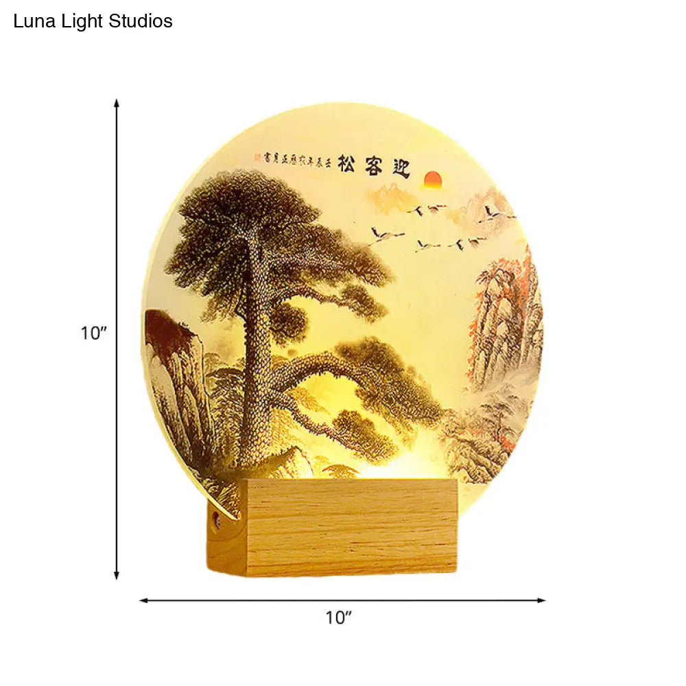 Acrylic Led Wall Light: Round Pine Tree & Mountain - Oriental Style Wood Mural Lamp