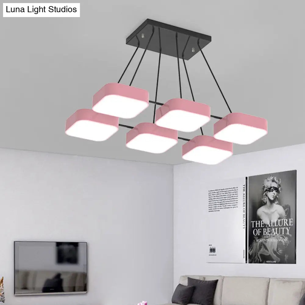 Acrylic Macaron Style Pendant Light For Kindergartens: Square Shade Chandelier